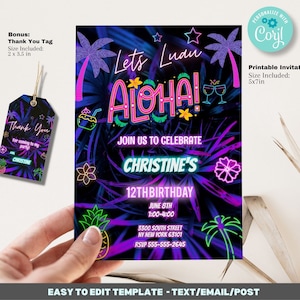 Convite Aloha, modelo de convite havaiano Festa Neon - festa luau - para impressão 5x7 e etiqueta de agradecimento