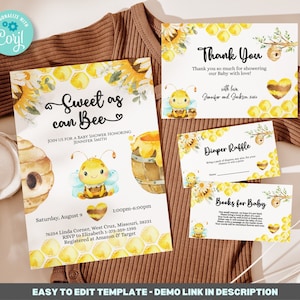 Bearbeitbar Süß wie das Bienen-Babyparty-Einladungs-Bundle inkl. Druckbare Einladung 15x20, Dankeskarte, Windel-Verlosung, Bücher für Baby BIB267