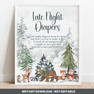 Winter Woodland Late Night Diapers Sign -  Baby its cold outside - Christmas Baby Shower Games - printable Instant download BIB122
