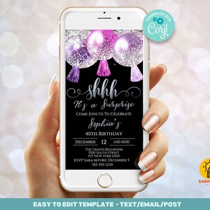 Surprise Birthday Invitation Editable Template - Shhh it&#39;s a Surprise Birthday invite Any Age - Balloons Invitation -  Editable Evite
