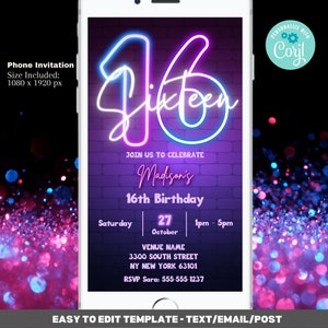 Purple Neon 16th Birthday Invitation Template – Digital Evite