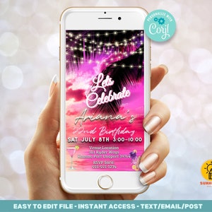 Digital Evite Birthday Invitation Template - Miami Beach tropical Palm Trees | Instant Digital Download Editable Evite