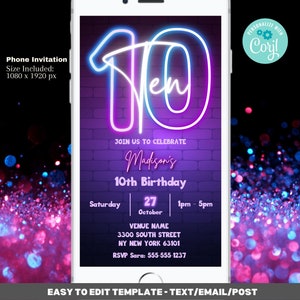 10th Birthday Invitation Template - Editable Template Digital Evite | Purple Neon Tenth Birthday Digital Evite