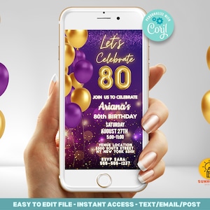 80th Birthday Invitation Template | Digital Invitation Purple Gold Balloons Evite | Digital Instant Download Editable Invite