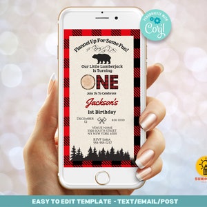Flannel Up Lumberjack First Birthday Invitation Template - Editable Template Digital Evite | Turning One Birthday Invite | Instant Download