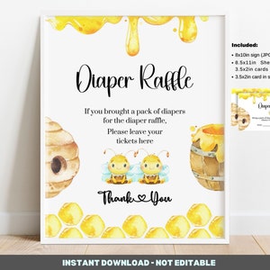 Può includere: Un cartello stampabile per una lotteria di pannolini con un tema di api e favi. Il cartello dice "Lotteria di pannolini" e include istruzioni per gli ospiti per lasciare i loro biglietti della lotteria. Il cartello include anche un elenco di file stampabili inclusi nel download.