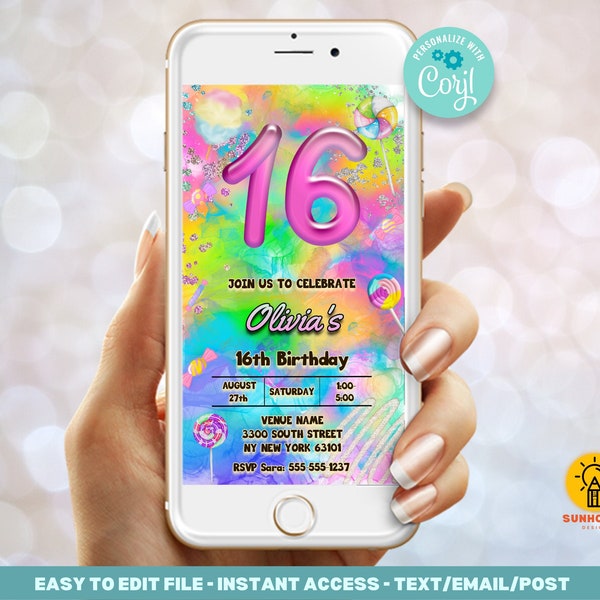16th Birthday Invitation Template - Editable Template Digital Evite | Sweet sixteenth Birthday Invite | Instant Download