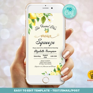 Editable She Found Her Main Squeeze Bridal Shower Invitation | bridal shower Invitation | lemon theme | Digital Self Editable Phone Evite