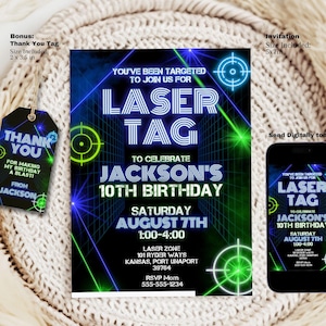 Editable Laser Tag Birthday Invitation 5x7 | Neon Boys Birthday Party | Glow Party | Digital Download - With Thank You Tag