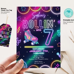 de Invitation de patinage à roulettes pour 7e anniversaire | Soirée patinage à roulettes Neon Glow | Téléchargement éditable numérique instantané 5 x 7