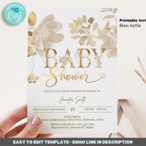 Bearbeitbare Weiß Gold Blumen Einladung, Blumen Babypartyeinladung, Baby in der Blüte Babypartyeinladung, Wildblumenbabypartyeinladung