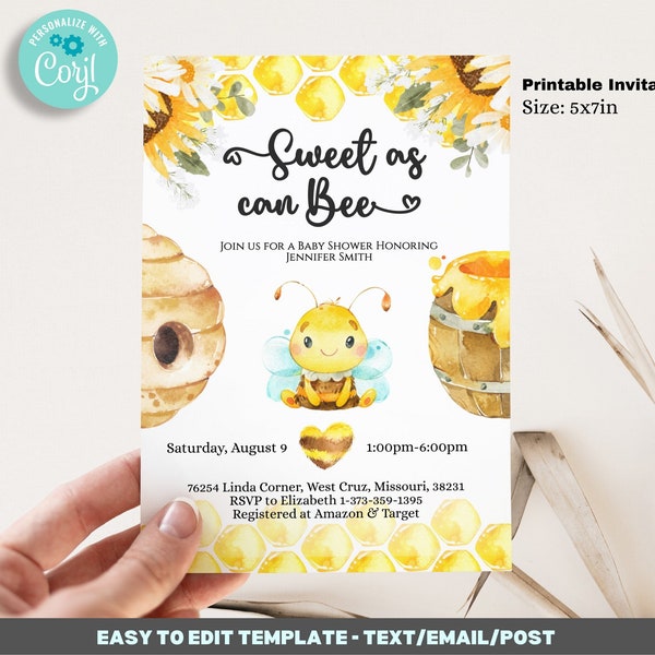 Editable Sweet as can Bee Baby Shower Invitation Template - printable Invitation 5x7 - editable invitation BIB267