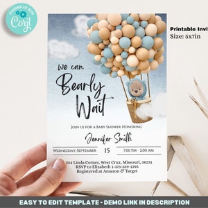 Editable we can Bearly Wait Baby Shower Invitation Template - Bear Invitation, Hot Air Balloon, Boy Baby shower, printable Invitation BIB232