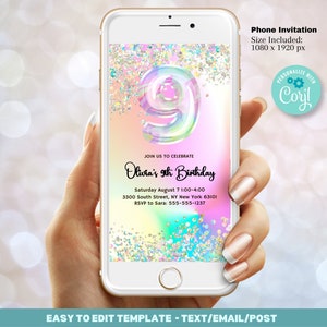Editable 9th Birthday Invitation Template, Glitter Iridescent invitation. Holographic Invitation, rainbow evite