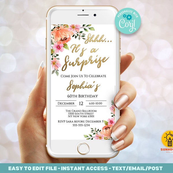 Surprise Birthday Invitation Editable Template - Shhh it's a Surprise Birthday invite Any Age - Floral Invitation -  Editable Evite