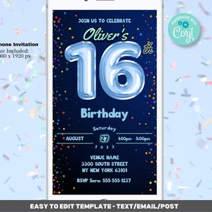 16th Birthday Invitation Template - Editable Template Digital Evite | Boys Blue Balloon Sixteenth Birthday Digital Evite