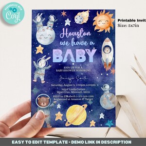 Editable Galaxy Baby Shower Invitation Template 5x7, space baby shower invitations, Houston we have a baby, Printable