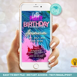 Let's Party Birthday Phone Invitation Template - Miami tropical Palm Trees | Instant Digital Download Editable Evite
