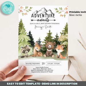 Editable Woodland Baby Shower Invitation Template 5x7, Adventure Awaits baby shower invitations, forest baby shower, Printable BIB349