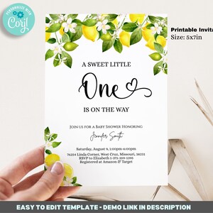 Editable lemon baby shower Invitation Template Bundle, Sweet Little One Lemon theme baby shower invitations, 5x7in Invitation Printable