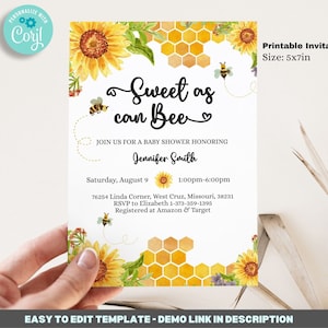 Modifiable Sweet as can Bee Baby Shower Invitation 5x7 incl. Invitation imprimable 5x7, carte de remerciement, tombola de couches, livres pour bébé BIB262