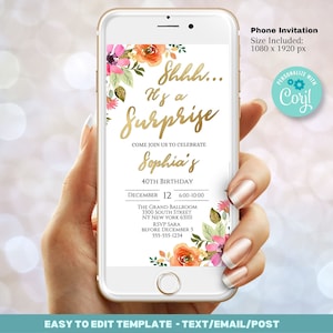 Surprise Birthday Invitation Editable Template - Shhh it&#39;s a Surprise Birthday invite Any Age - Floral Invitation -  Editable Evite