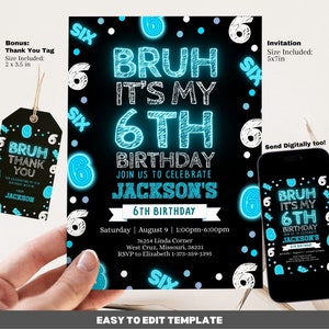 Modello modificabile per invito di compleanno al neon Bruh per la festa di compleanno di un ragazzo, invito per il mio compleanno Bruh, facile download digitale