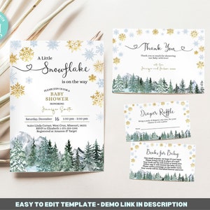 Ensemble de modèles d’invitation à la douche de bébé en flocon de neige modifiable, invitation à la douche de bébé d’hiver, bébé de décembre Merci, couche, livres, imprimable