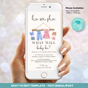 Modèle d’invitation de révélation de genre - Modèle d’invitation lui ou elle - révélation de genre boho, vêtements pour bébés Digital Evite