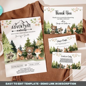 Woodland Baby Shower Invitation Template Bundle, Adventure Awaits baby shower Editable invitations, forest baby shower, Printable BIB349