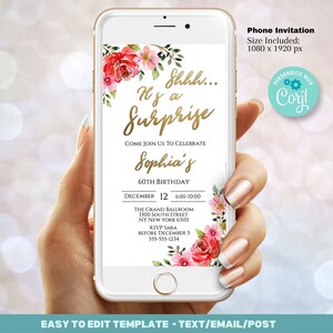 Surprise Birthday Invitation Editable Template - Shhh it&#39;s a Surprise Birthday invite Any Age - Red Floral Invitation -  Editable Evite