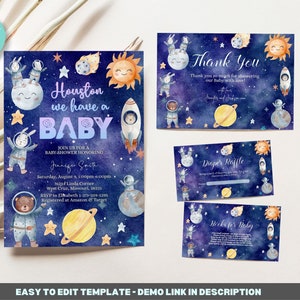 Editable Galaxy Baby Shower Invitation Template BUNDLE, space baby shower invitations, Houston we have a baby, Printable