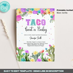 Editable Taco bout a Baby Invitation Template, cactus baby shower invitation, fiesta baby shower invitation, Printable Invitation