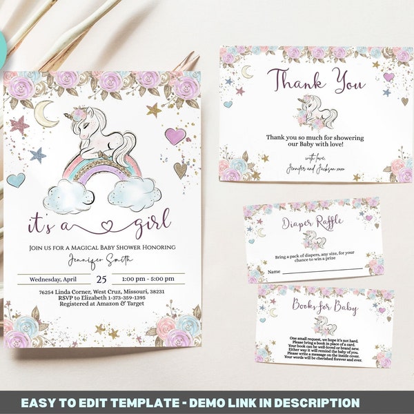 Editable Unicorn Baby Shower Invitation Girl Template Bundle, Magical baby shower invitation, its a Girl, Printable BIB361