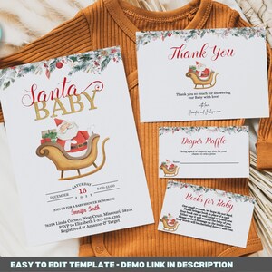 Ensemble de modèles d’invitation à la baby shower de Noël modifiable, invitation à la baby shower du Père Noël, bébé d’hiver Merci, couche, livres, imprimable