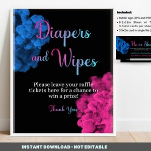 Signo de rifa de pañales y toallitas de revelación de género - Humo azul rosa - descarga instantánea imprimible con tarjetas de rifa