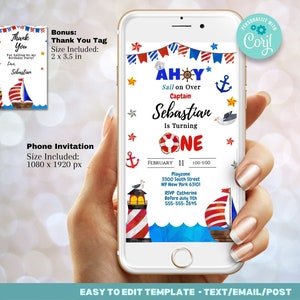 First Birthday Party Invitation Template, Nautical Ahoy Captain | One 1st Birthday Invite, Digital Invitation Editable Evite w Thank You tag