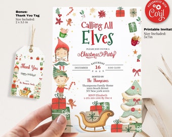 Editable Calling All Elves invitation Template - Christmas Holiday Invite Instant Download - Pintable 5x7 invitation