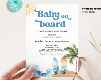 Editable Retro Baby on Board Shower Invitation Template, Surf Beach Baby, Summer baby shower, Printable 5x7 BIB221