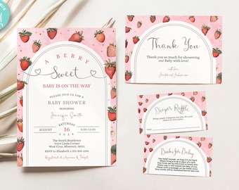 Editable Strawberry Baby Shower Invitation Template Bundle, Berry Sweet Baby shower invitation, Thank You, diaper, books , Printable BIB233