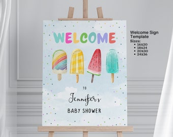 May include: Welcome sign template for a baby shower with a blue background and colourful popsicle illustrations. The text reads "Welcome to Jennifer's Baby Shower". Available sizes: 16x20, 18x24, 20x30, 24x36.