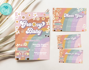 Editable Groovy Baby Shower Invitation Template, Shower Bundle, 70s theme baby shower invitations, hippie baby shower, Printable BIB257