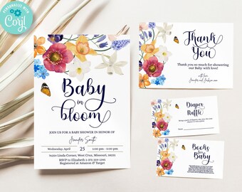 Editable Baby in Bloom Invitation Bundle, floral baby shower invitation, baby in bloom baby shower invite, wildflower baby shower invitation