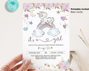 May include: Printable baby shower invitation with a unicorn on a rainbow, clouds, stars, and flowers. The invitation says "It's a girl" and includes the text "Join us for a magical baby shower honoring [Name]" and details for the event. The invitation is 5x7 inches.