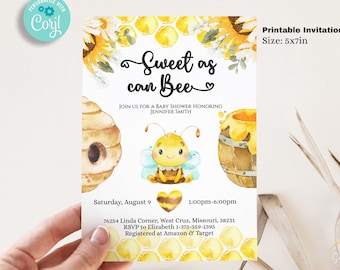 May include: Printable baby shower invitation with a bee and honeycomb design. The invitation is yellow and white with the text "Sweet as can Bee" and "Join us for a baby shower honoring Jennifer Smith".