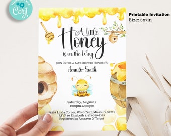 Edytowalny szablon zaproszenia na baby shower z napisem „A Little Honey is on the Way Bee” – drukowane zaproszenie 5x7 – edytowalne zaproszenie