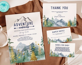 Editable Woodland Baby Shower Invitation Template Bundle, Adventure Awaits baby shower invitations, forest baby shower, Printable