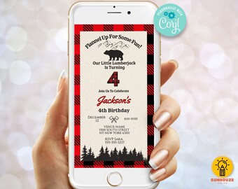 May include: A red and black buffalo plaid patterned phone screen with a birthday invitation for a 4th birthday party. The invitation says "Flannel Up For Some Fun!" and "Our Little Lumberjack Is Turning 4". The invitation also includes the name "Jackson's 4th Birthday" and the date "December 12".
