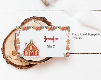 May include: A gingerbread house place card template with a red and white gingerbread house, red poinsettia flowers, and candy canes. The text on the card reads "Jennifer, Table 01". Place Card Template 3.5x2 in. Easy to Edit Template.
