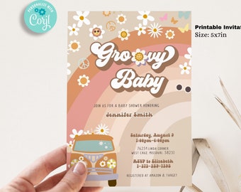 Editable Groovy Baby Shower Invitation Template, Shower 5x7, 70s theme baby shower invitations, hippie baby shower, Printable